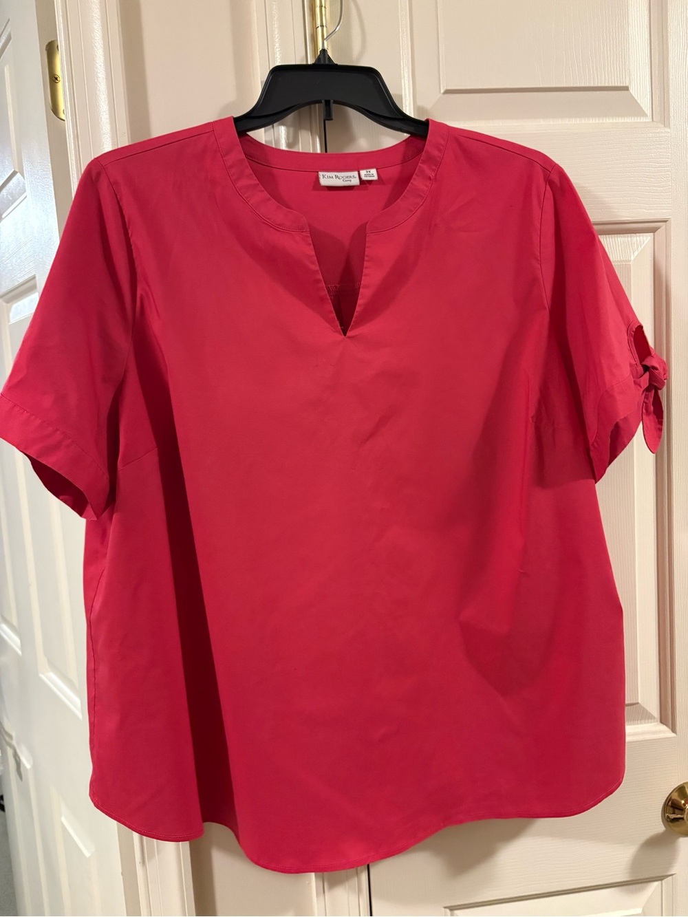 Kim Rogers Bright Pink Short Sleeve Split-Neck Blouse